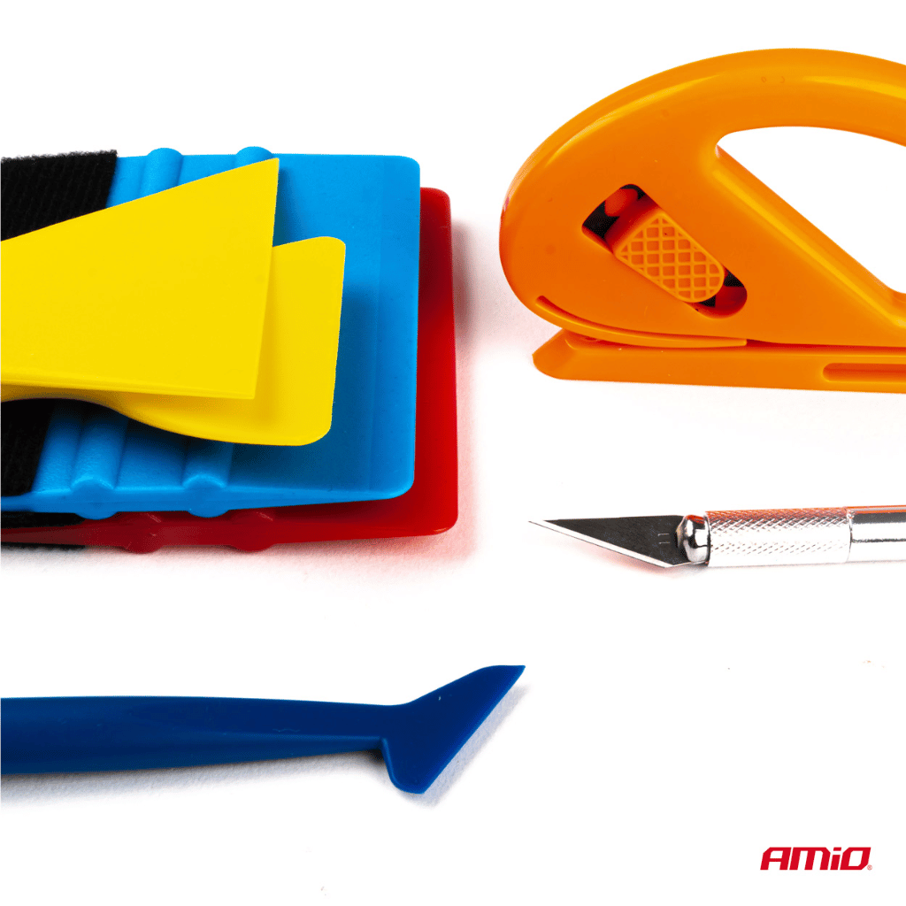 Set of colorful car window breakers with a knife on a white background, featuring the brand 'AMIO'.