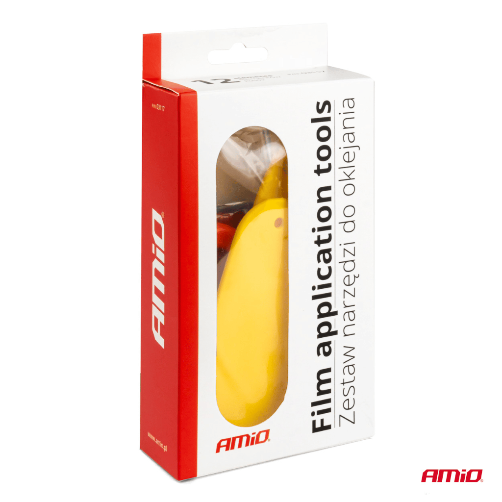 Amio film application tools packaging with yellow tool inside on a white background