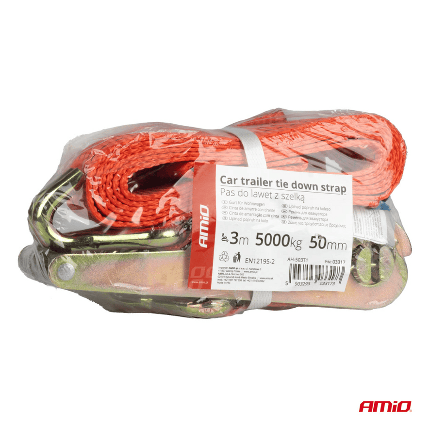 Ratchet Tie-Down Strap – Steel Claw Hooks, Trailer & Car Transport 5,000 kg 50 mm × 3 m