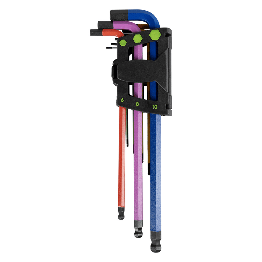 9-Piece Colour-Coded Extra Long Hexagonal Key Set with Round Tip