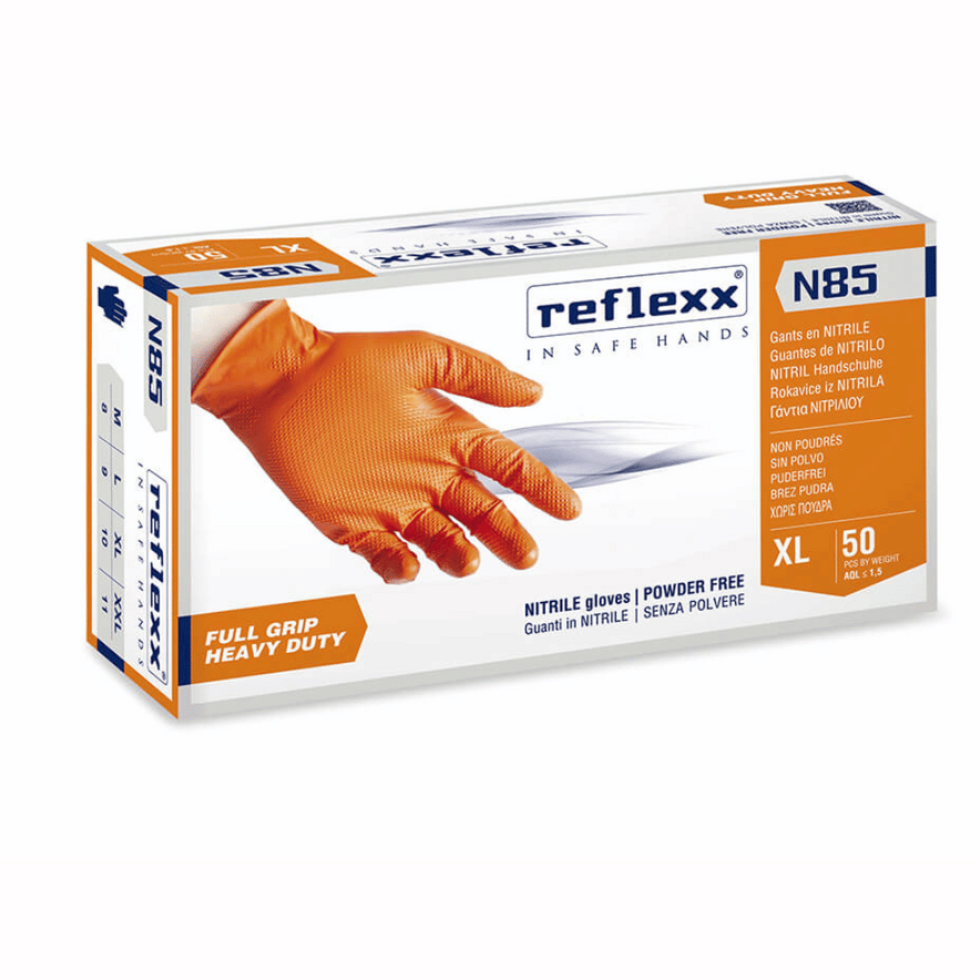 Reflexx N85 Powder-Free Orange Nitrile Gloves – Heavy-Duty, Full-Grip, and Chemical-Resistant PPE
