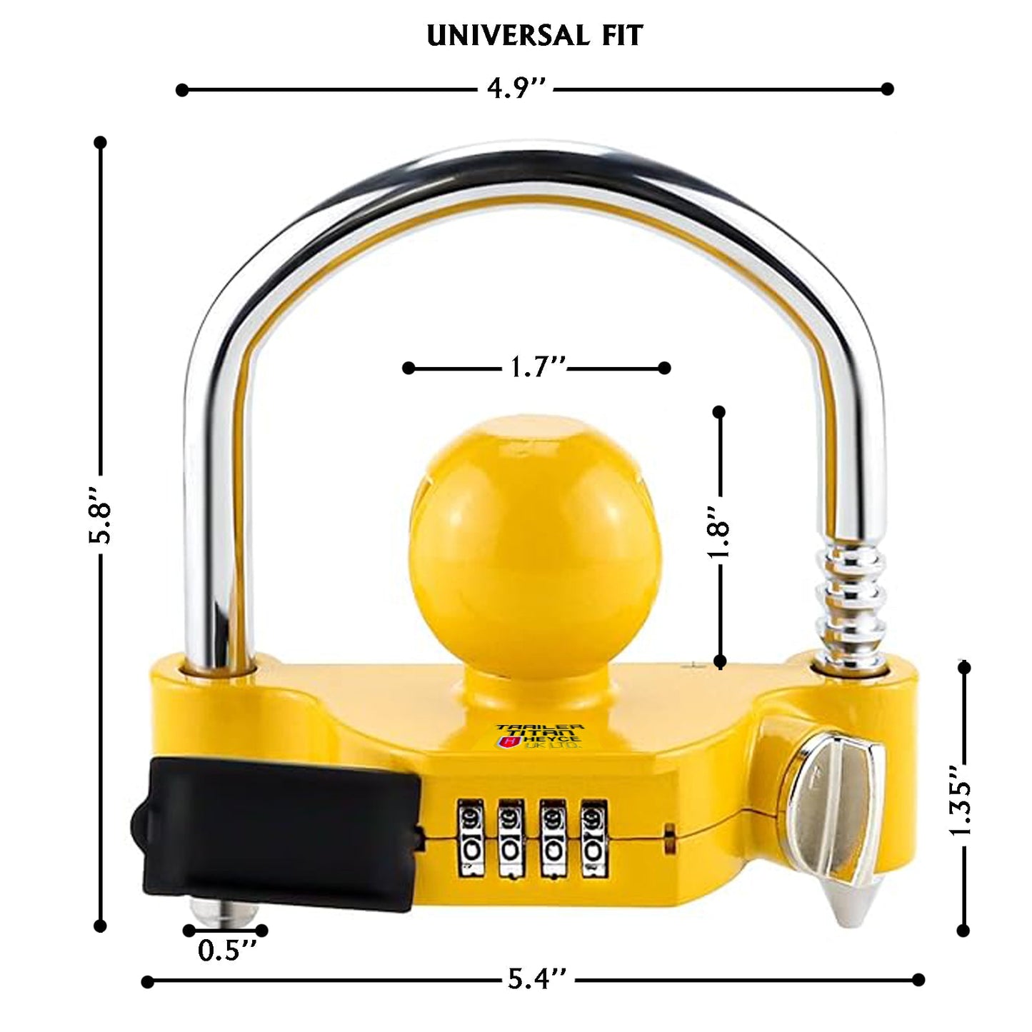 Trailer Titan Combination Hitch Lock fits 50mm couplings, with a yellow color for theft deterrence