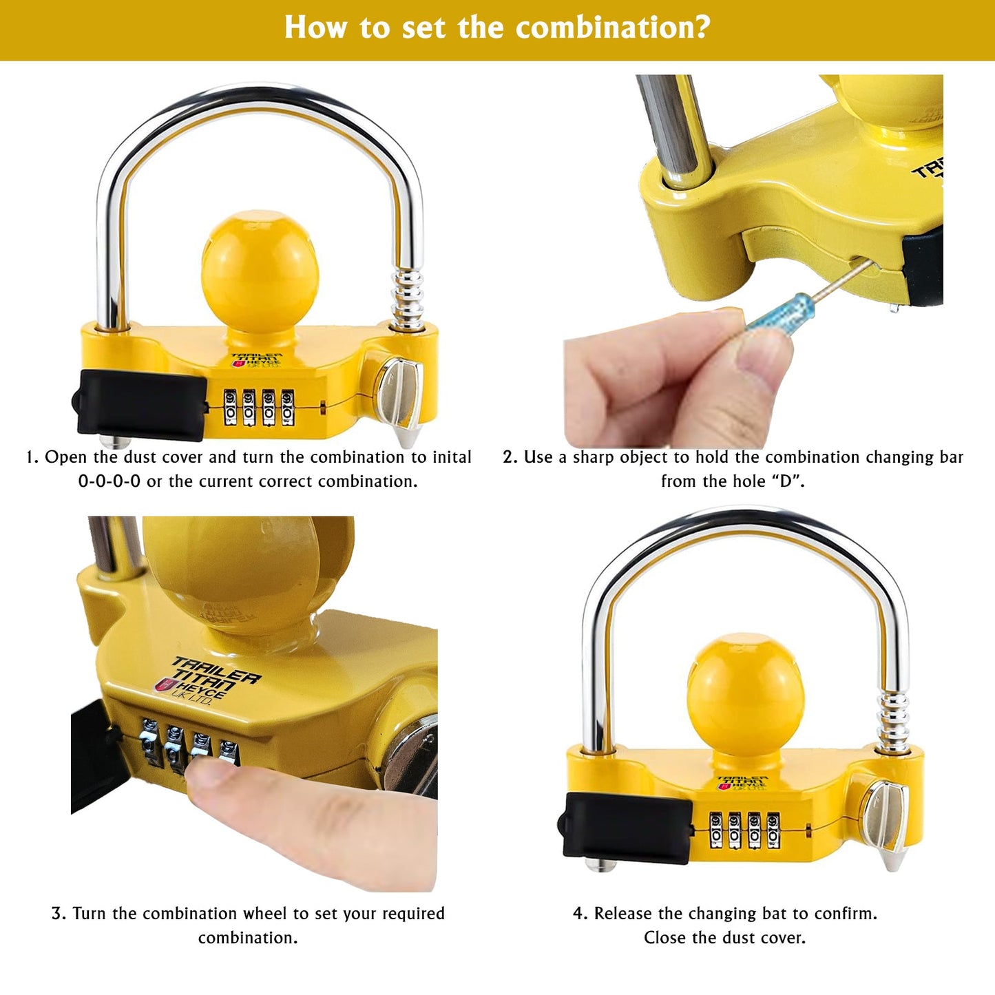 Trailer Titan Combination Hitch Lock fits 50mm couplings, with a yellow color for theft deterrence