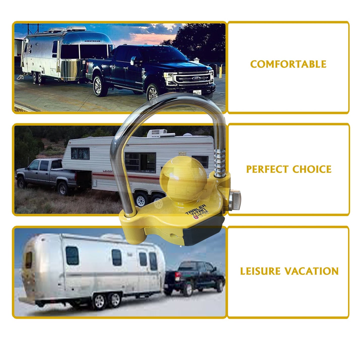 Trailer Titan Combination Hitch Lock fits 50mm couplings, with a yellow color for theft deterrence