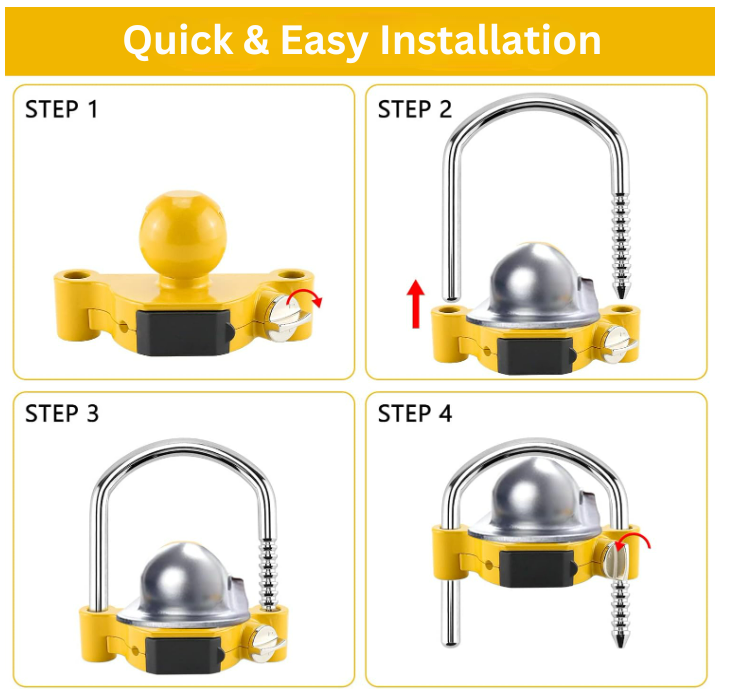 Trailer Titan Combination Hitch Lock fits 50mm couplings, with a yellow color for theft deterrence