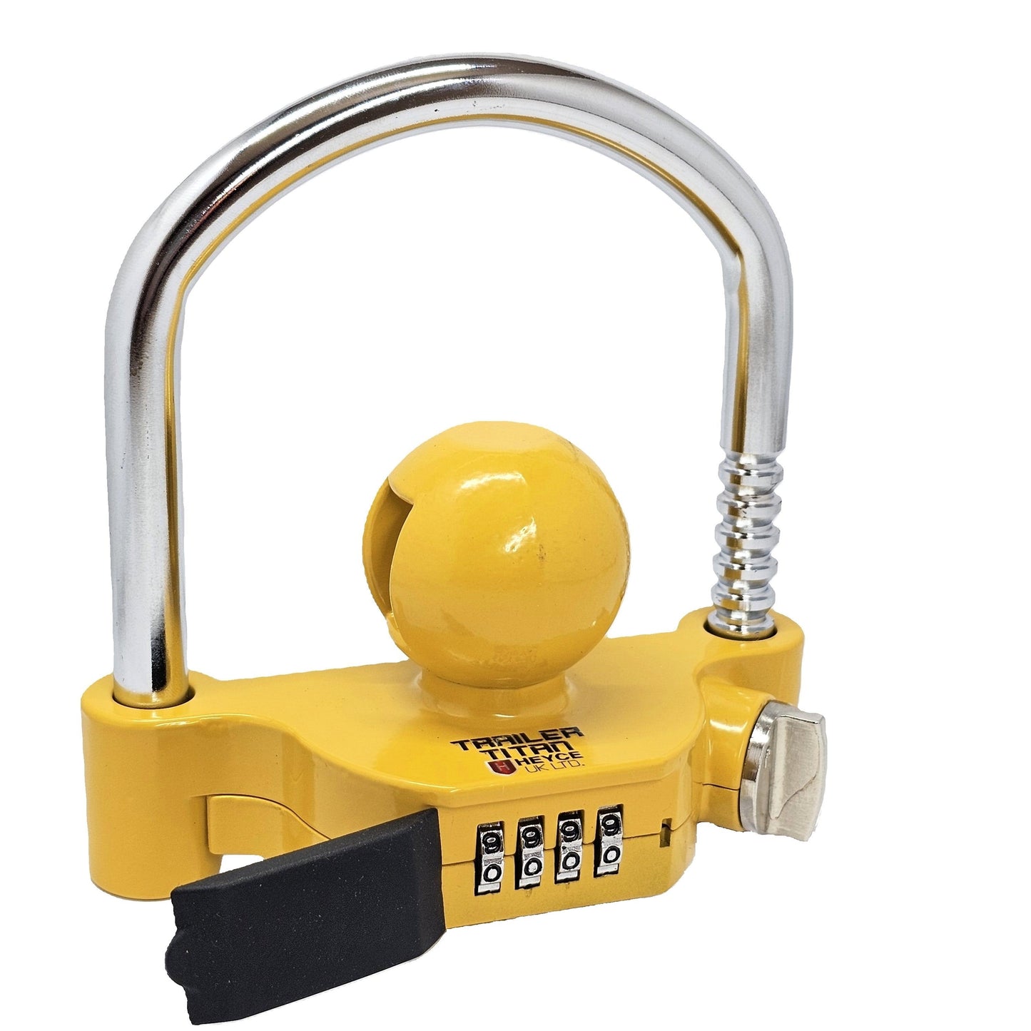 Trailer Titan Combination Hitch Lock fits 50mm couplings, with a yellow color for theft deterrence