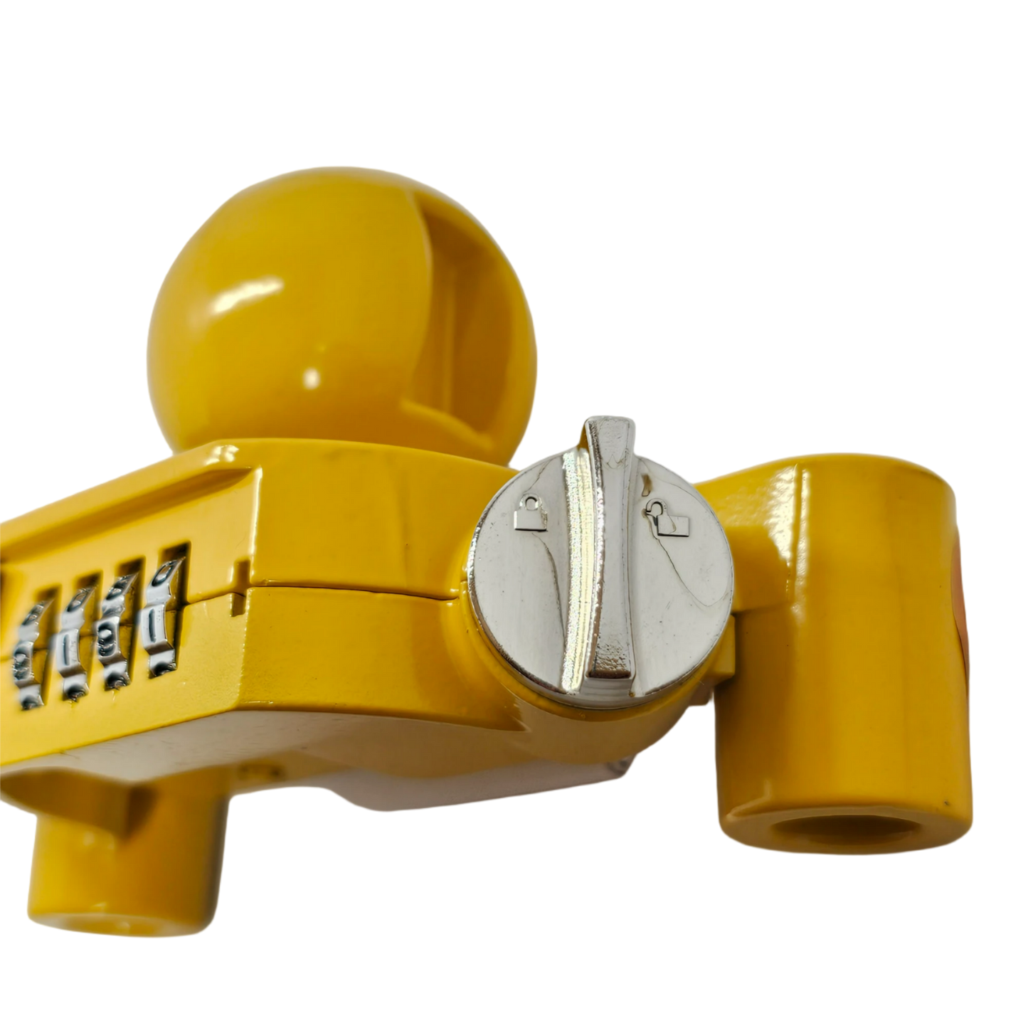 Trailer Titan Combination Hitch Lock fits 50mm couplings, with a yellow color for theft deterrence