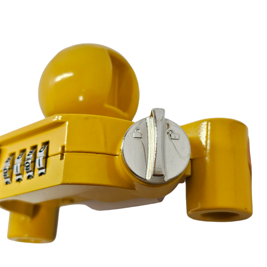 Trailer Titan Combination Hitch Lock fits 50mm couplings, with a yellow color for theft deterrence