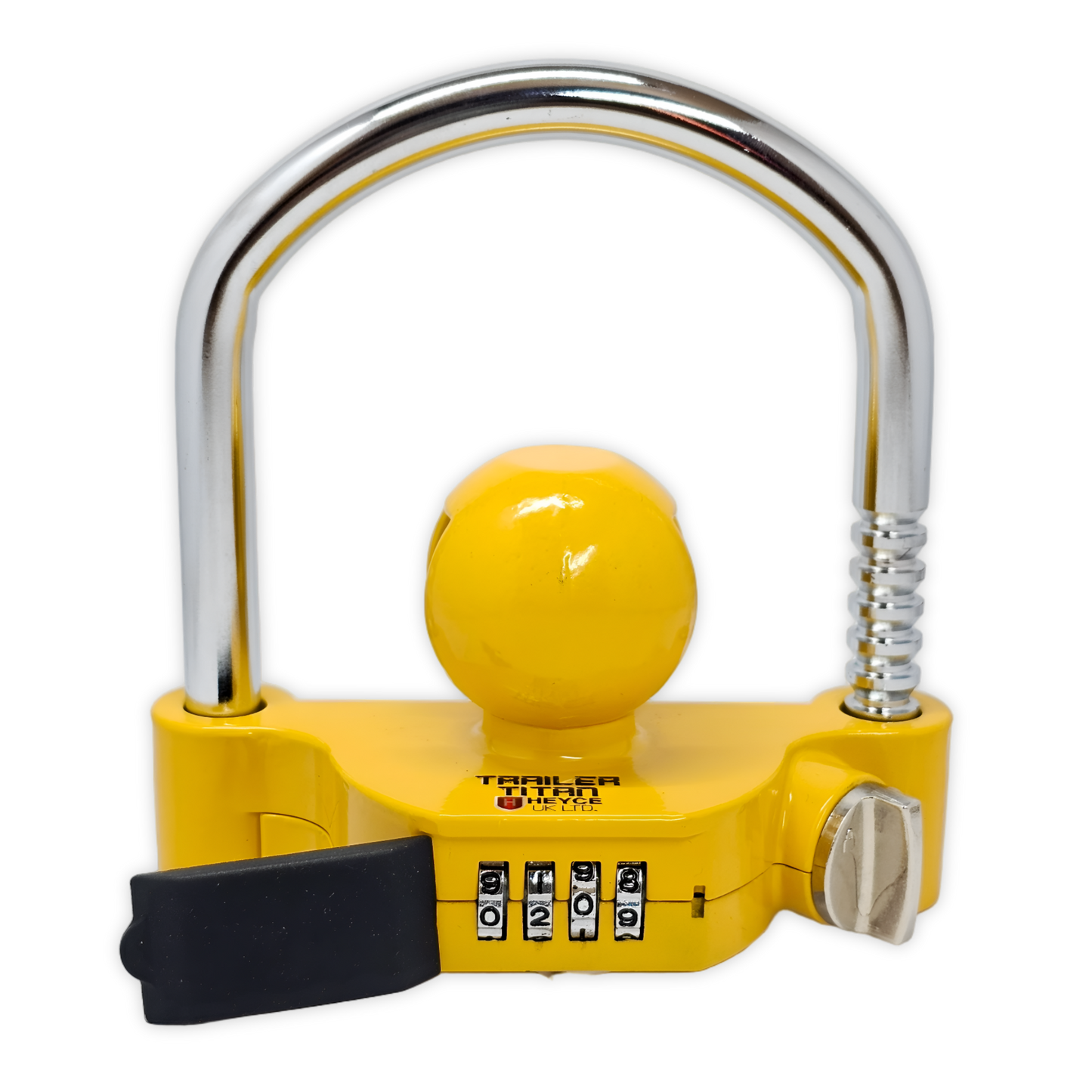 Trailer Titan Combination Hitch Lock fits 50mm couplings, with a yellow color for theft deterrence