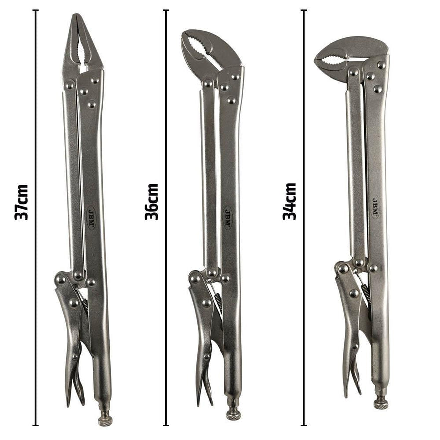 Long Reach Locking Plier 3pc Set Straight 45 90 Degree Vice Grips 34cm 36cm 37cm-