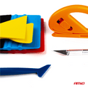 Set of colorful car window breakers with a knife on a white background, featuring the brand 'AMIO'.