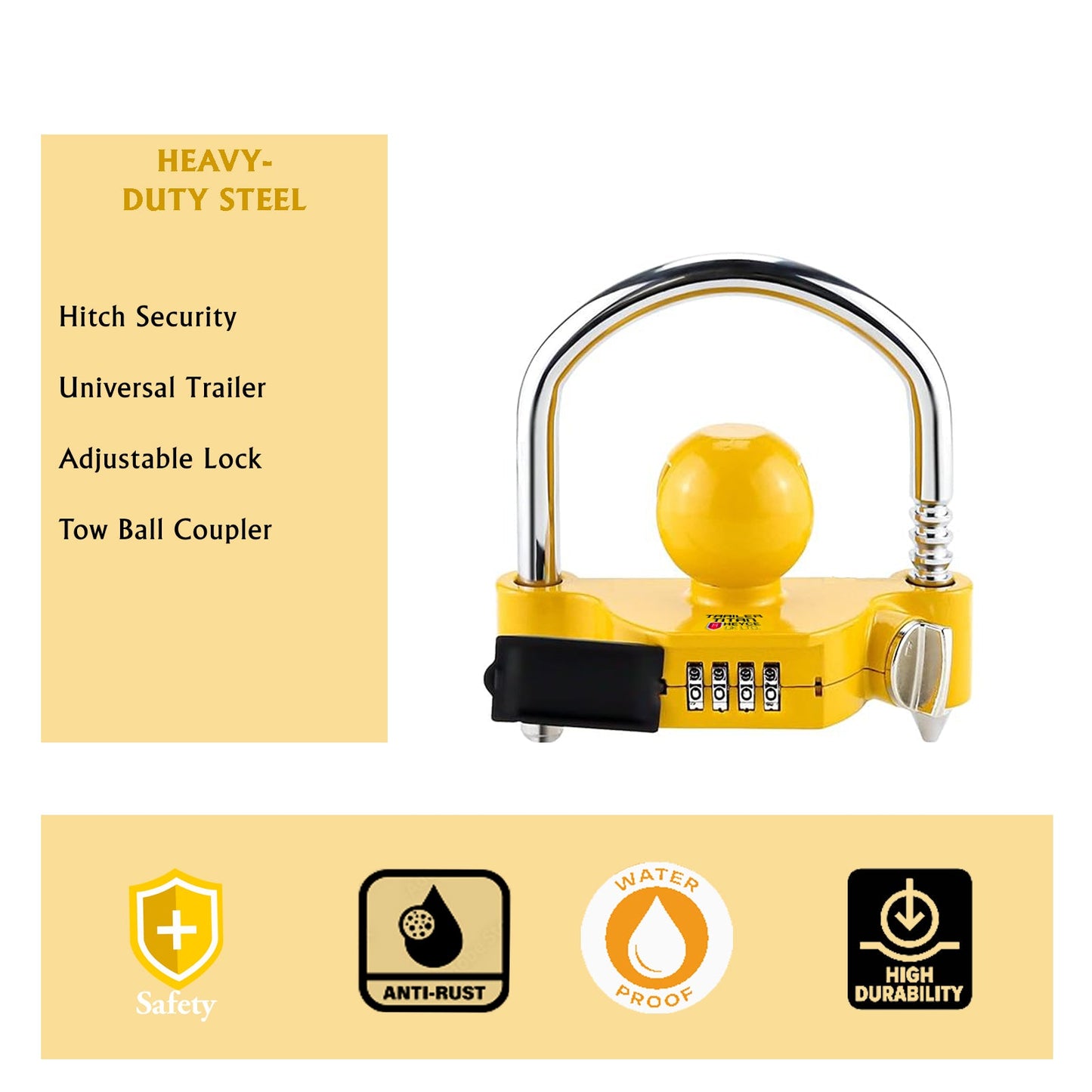 Trailer Titan Combination Hitch Lock fits 50mm couplings, with a yellow color for theft deterrence